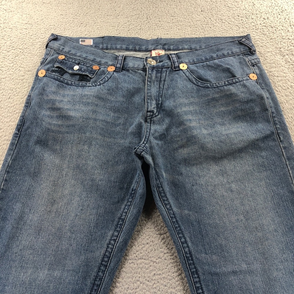 Vintage True Religion Jeans Mens 42x34 Blue Y2K Straight Skull Patch Made In USA - Picture 3 of 15